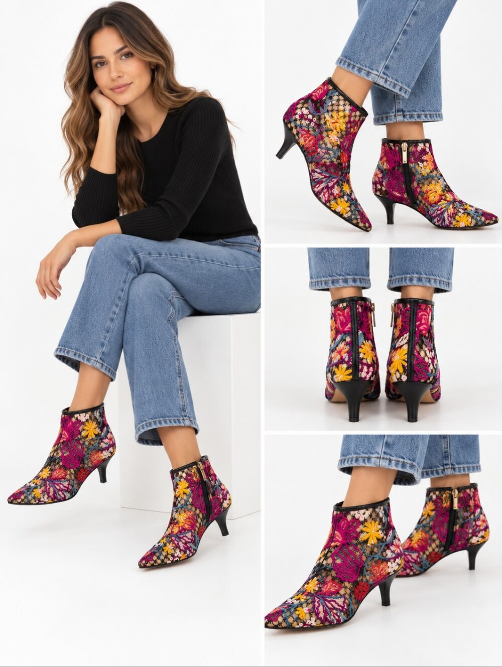 Sam Edelman Kinsey Embroidered Floral Ankle Boots Size 6 Multicolor